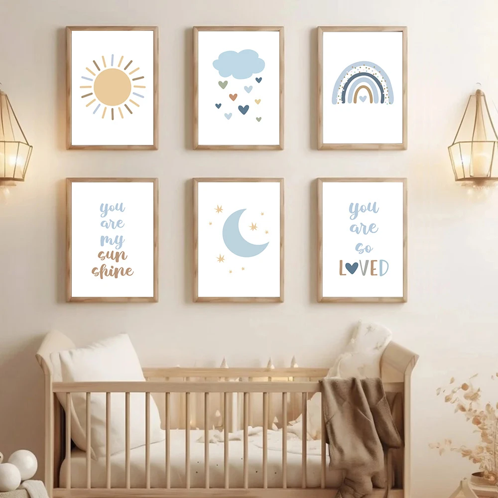 Blue Cloud Moon Art Prints Cartoon Sun Rainbow Canvas Painting Nursery Wall Art Picture Nordic Poster Baby Kids Room Decoration
Blue Cloud Moon Art Prints Cartoon Sun Rainbow Canvas Painting Nursery Wall Art Picture Nordic Poster Baby Kids Room Decoration