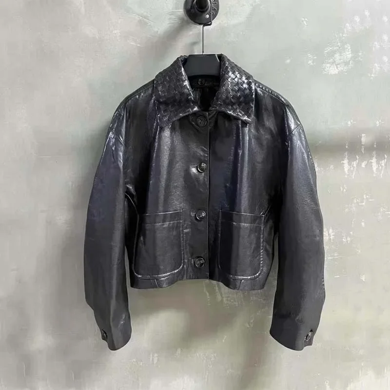 Genuine leather jacket 2025 new fashion vintage style knitted leather collar clothes women coats spring and autumn
Genuine leather jacket 2025 new fashion vintage style knitted leather collar clothes women coats spring and autumn