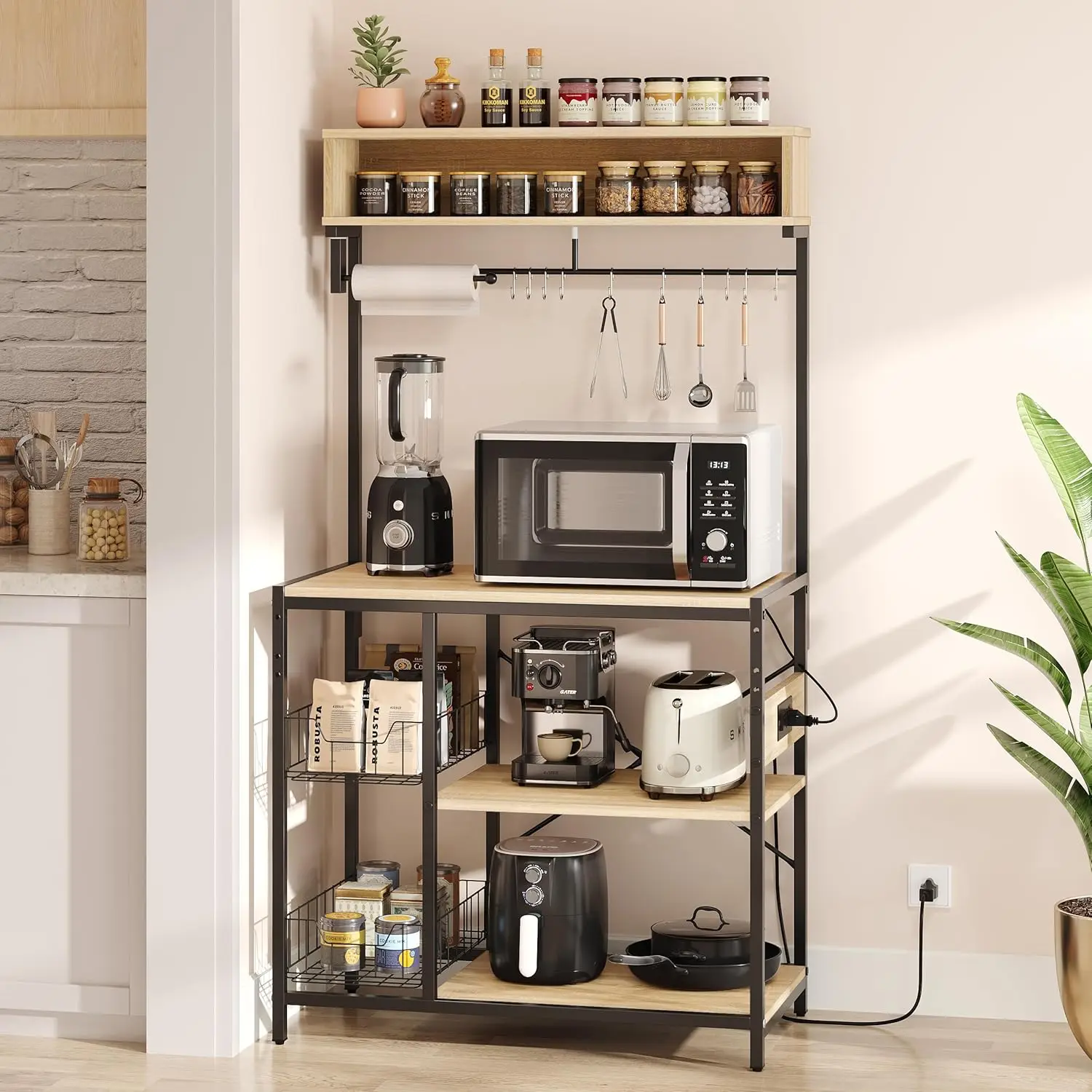 Bakers Ra With Power Outlet, 10 Hooks Coffee Bar With Wire Basket, Microwave Stand With Paper Holder, Adjustable Kitchen
Bakers Ra With Power Outlet, 10 Hooks Coffee Bar With Wire Basket, Microwave Stand With Paper Holder, Adjustable Kitchen
