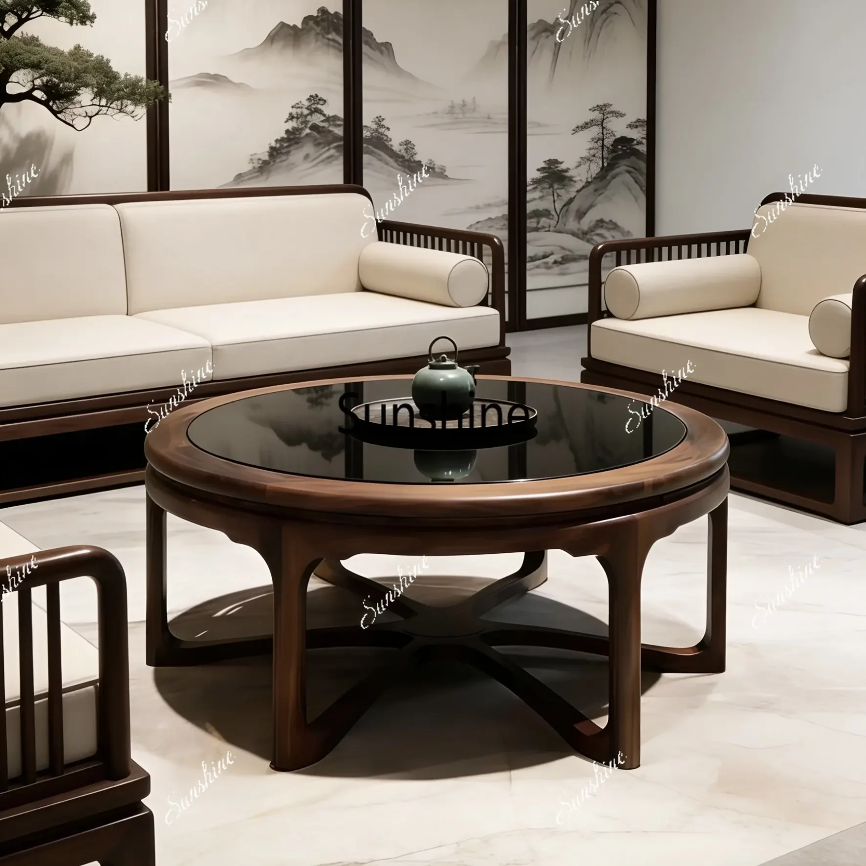 New Chinese style all-solid wood round glass surface coffee table living room small apartment
New Chinese style all-solid wood round glass surface coffee table living room small apartment