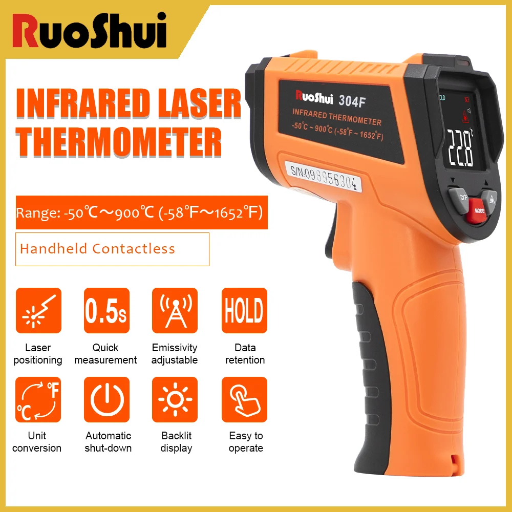 RuoShui 304F Industrial Infrared Thermometer High-Precision Gun for Non-Contact Object Temp Measurement -50°C~900°C thermometer
RuoShui 304F Industrial Infrared Thermometer High-Precision Gun for Non-Contact Object Temp Measurement -50°C~900°C thermometer