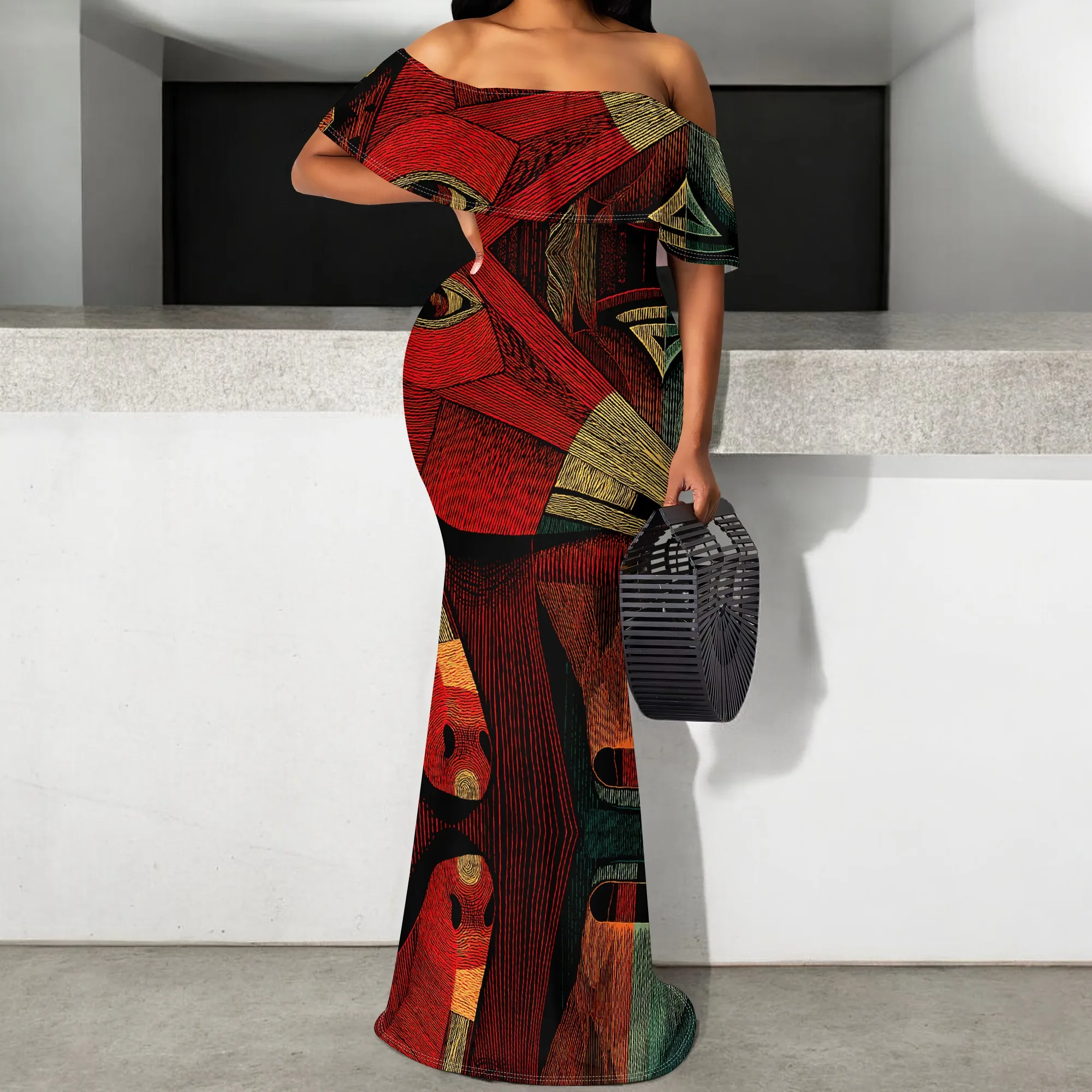 Tribal Abstract Art Maxi Dress for Women S-3XL Off Shoulder Slim Fit Style for Afro Party, Gallery Event or Evening Look
Tribal Abstract Art Maxi Dress for Women S-3XL Off Shoulder Slim Fit Style for Afro Party, Gallery Event or Evening Look