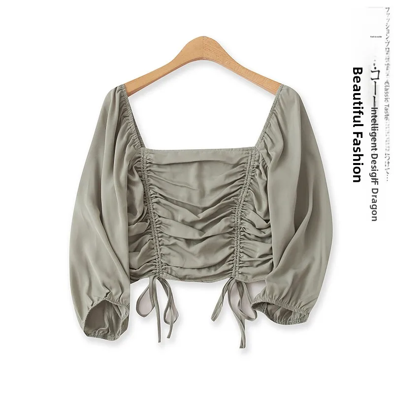 Short Elastic Pleated Drawstring One-Shoulder Pullover Top Women's Fashionable Versatile Summer Shirt Empire Long Sleeve
Short Elastic Pleated Drawstring One-Shoulder Pullover Top Women's Fashionable Versatile Summer Shirt Empire Long Sleeve