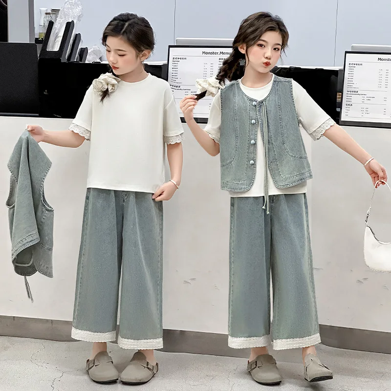 summer teen girl clothes set Denim vest+white top t-shirt+Lace patchwork wide leg jeans 2pcs junior kid pants suit child outfits
summer teen girl clothes set Denim vest+white top t-shirt+Lace patchwork wide leg jeans 2pcs junior kid pants suit child outfits