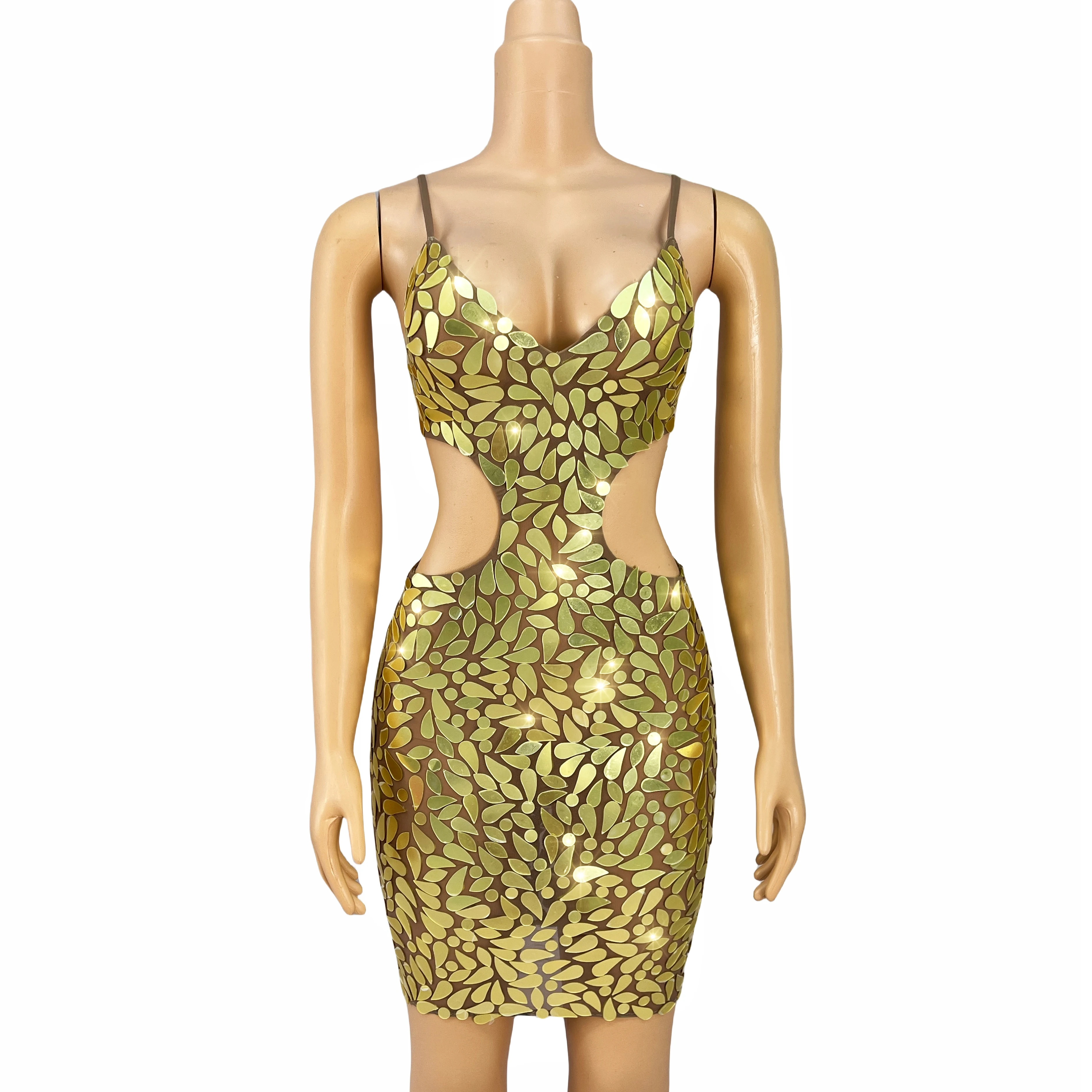Luxury Shiny Gold Mirrors Hollow waist Suspenders Dress Women Evening Party Elegant Clothes Fashion Show Perform Costume Jinyeba
Luxury Shiny Gold Mirrors Hollow waist Suspenders Dress Women Evening Party Elegant Clothes Fashion Show Perform Costume Jinyeba