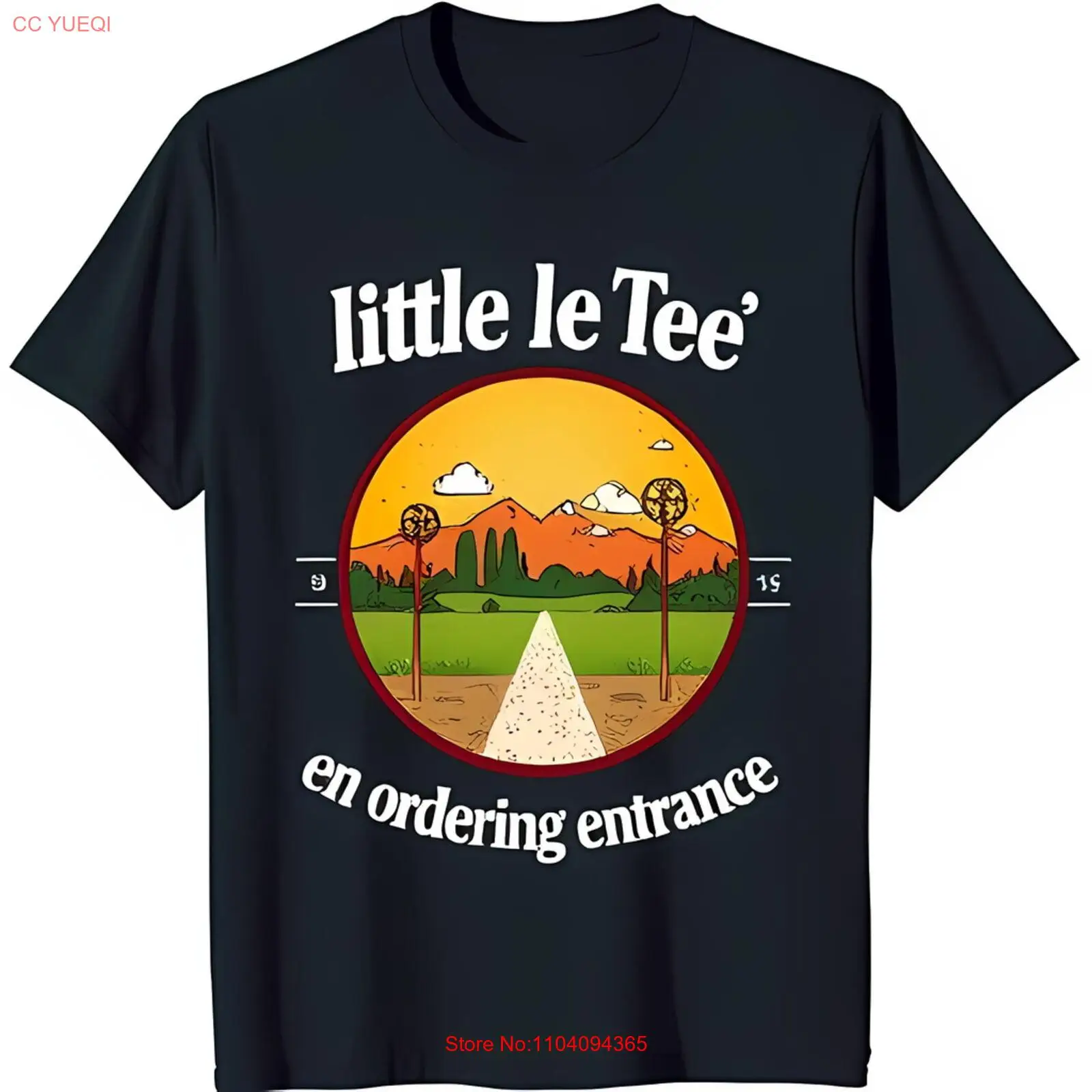 Black T-Shirt with 'Little Le Tee' Print & Cartoon Landscape Design
Black T-Shirt with 'Little Le Tee' Print & Cartoon Landscape Design