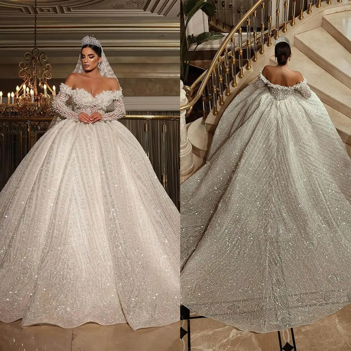Luxury Ball Gown Appliques Pearls Sequins Off Shoulder Bride Gowns Lace Long Sleeve Wedding Dress Bespoke Occasion Dresses
Luxury Ball Gown Appliques Pearls Sequins Off Shoulder Bride Gowns Lace Long Sleeve Wedding Dress Bespoke Occasion Dresses