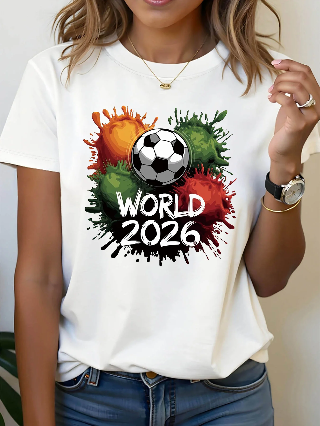 Женская футболка с коротким рукавом для футбольных фанаток, с принтом «WORLD 2026», круглым вырезом, повседневная, для лета и весны
Женская футболка с коротким рукавом для футбольных фанаток, с принтом «WORLD 2026», круглым вырезом, повседневная, для лета и весны