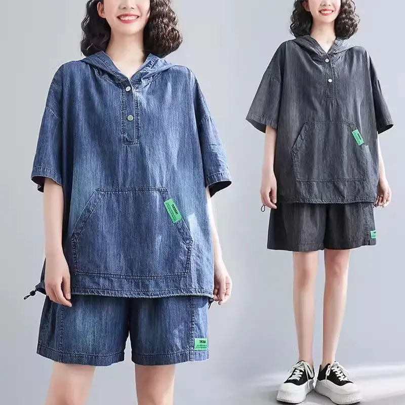 Summer Set Woman 2 Pieces 2024 New Loose Large Size Denim Drawstring Hooded Denim Top And Shorts Outfits K635
Summer Set Woman 2 Pieces 2024 New Loose Large Size Denim Drawstring Hooded Denim Top And Shorts Outfits K635 