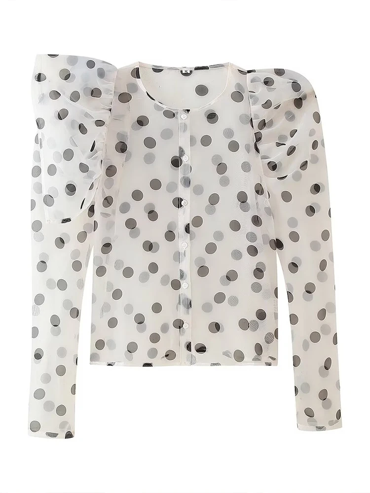 European style new women's fashion versatile temperament simple organza polka dot round neck long sleeve shirt
European style new women's fashion versatile temperament simple organza polka dot round neck long sleeve shirt