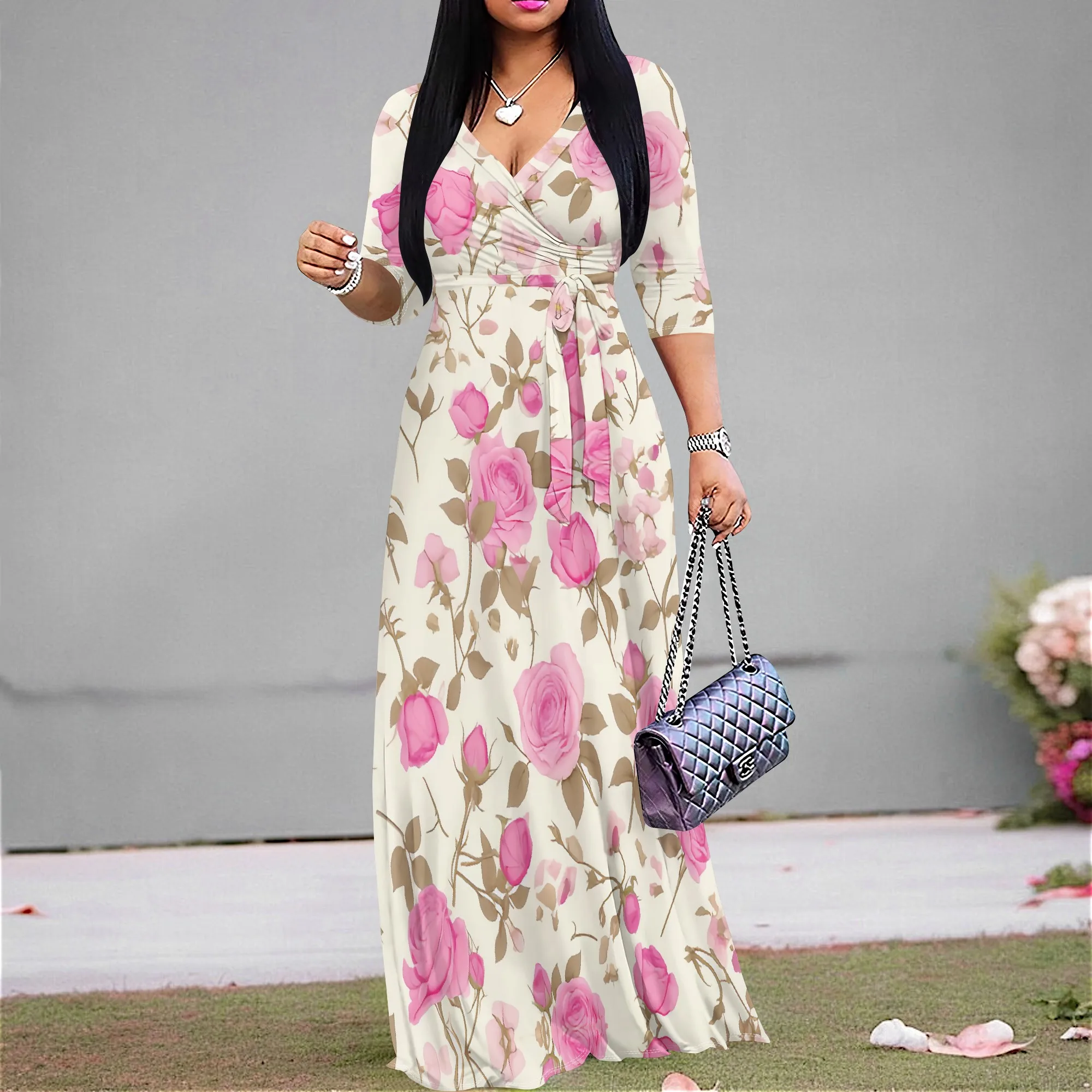 Vintage Dainty Pink Rose Florals Dresses for Women Casual Sexy V Neck 3/4 Sleeves Dress Ruched Belted Trendy Maxi Dress
Vintage Dainty Pink Rose Florals Dresses for Women Casual Sexy V Neck 3/4 Sleeves Dress Ruched Belted Trendy Maxi Dress