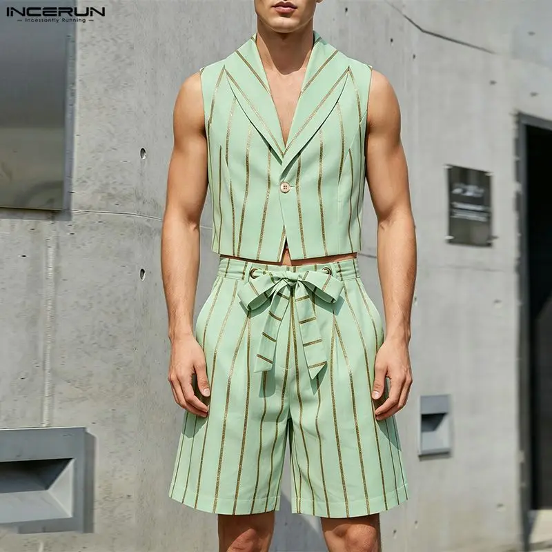 INCERUN Men Striped Sets Lapel Sleeveless Vests & Shorts Two Piece Sets Streetwear 2026 Summer Fashion Casual Men Matching Sets
INCERUN Men Striped Sets Lapel Sleeveless Vests & Shorts Two Piece Sets Streetwear 2026 Summer Fashion Casual Men Matching Sets