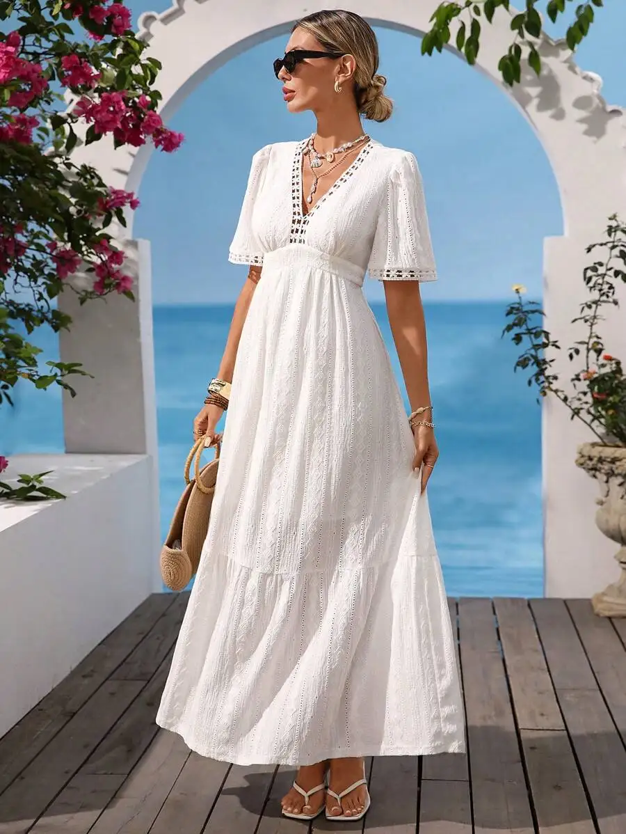 Elegant White V-Neck Short Sleeve Maxi Dress With Lace Detailing For Summer Vacation And Beach Wear
Elegant White V-Neck Short Sleeve Maxi Dress With Lace Detailing For Summer Vacation And Beach Wear