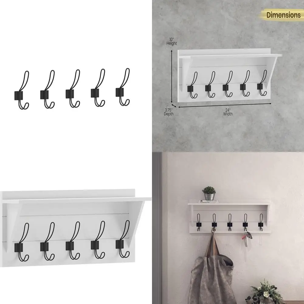 24 Pine Wood Wall Storage Rack - White Finish with 5 Hooks for Entryway, Kitchen, Bathroom
24 Pine Wood Wall Storage Rack - White Finish with 5 Hooks for Entryway, Kitchen, Bathroom