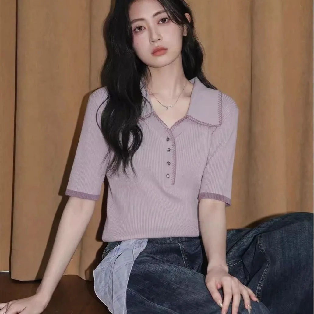 Purple Collar Knitted Sweater Women Summer New Sweet Inner Wear Base Layer Can Outer Wear Stylish Cotton Blend Fabric
Purple Collar Knitted Sweater Women Summer New Sweet Inner Wear Base Layer Can Outer Wear Stylish Cotton Blend Fabric