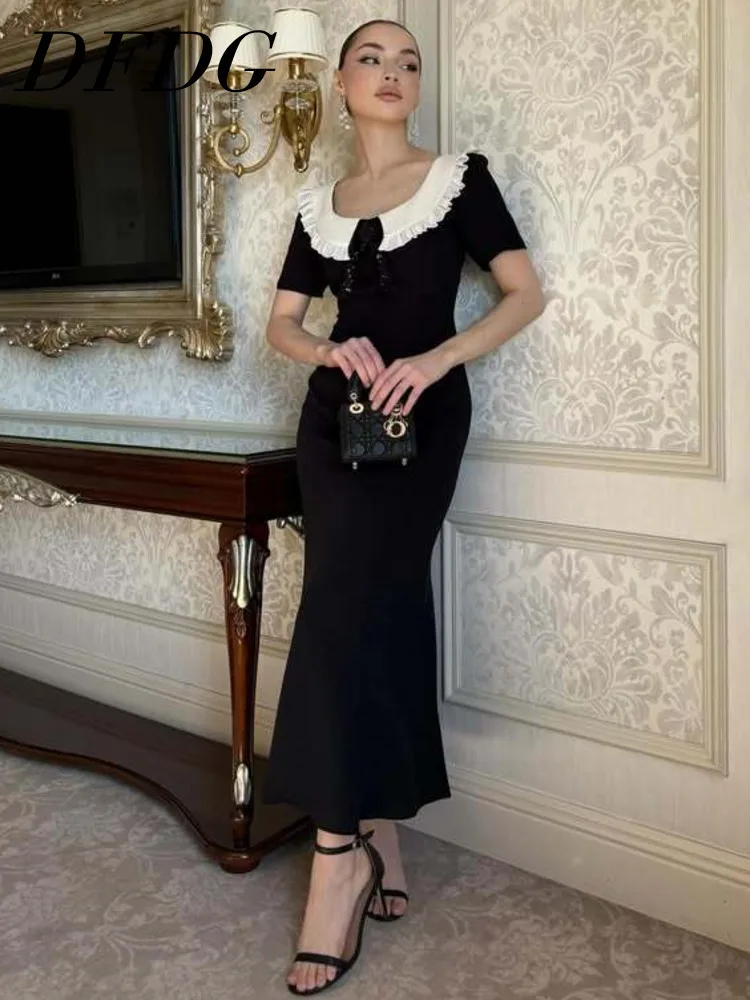 DFDG Women 2026 Spring Summer Contrast Collar Midi Dress Ruffle Trim Puff Sleeve Mermaid Hem Elegant Formal Party Gown Dress
DFDG Women 2026 Spring Summer Contrast Collar Midi Dress Ruffle Trim Puff Sleeve Mermaid Hem Elegant Formal Party Gown Dress