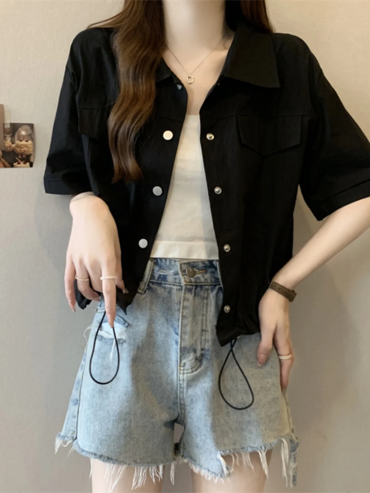 Black Short Sleeve Shirt Jacket Women's Summer plus Size Fat MM Drawstring Waist Cover Belly Outerwear Open Cardigan Top
Black Short Sleeve Shirt Jacket Women's Summer plus Size Fat MM Drawstring Waist Cover Belly Outerwear Open Cardigan Top