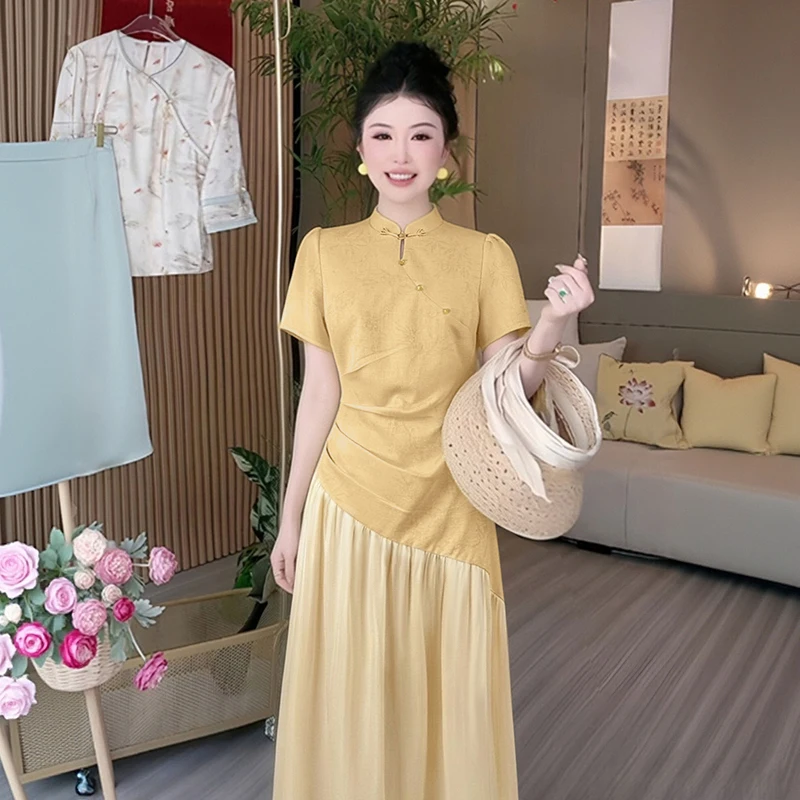 Fashionable New Chinese Style Dress High Waist A-Line Skirt Short Sleeve Polyester Fiber Ladies Summer Dress
Fashionable New Chinese Style Dress High Waist A-Line Skirt Short Sleeve Polyester Fiber Ladies Summer Dress