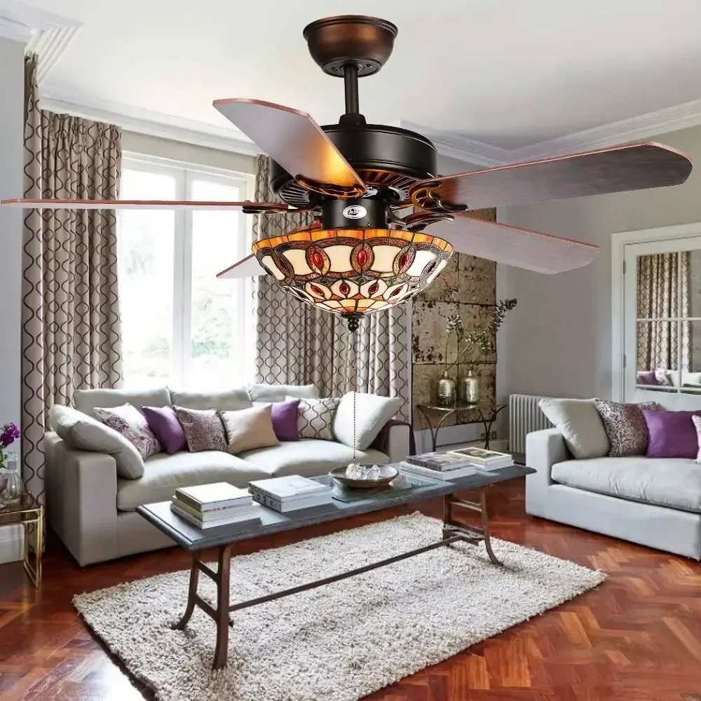 American Vintage Style Stained Glass Ceiling Fan with Lights Remote for Home Living Room Decor Wood Chandelier Ceiling Fan Lamp
American Vintage Style Stained Glass Ceiling Fan with Lights Remote for Home Living Room Decor Wood Chandelier Ceiling Fan Lamp