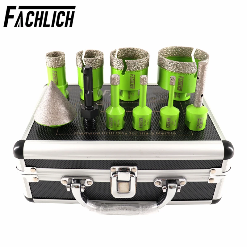 FACHLICH 10pcs 5/8-11 Diamond Core Drill 6/8/10/25/35/50/65mm Tile Cutter Marble Milling Finger Bits Chamfer Crown+SDS Adapter
FACHLICH 10pcs 5/8-11 Diamond Core Drill 6/8/10/25/35/50/65mm Tile Cutter Marble Milling Finger Bits Chamfer Crown+SDS Adapter