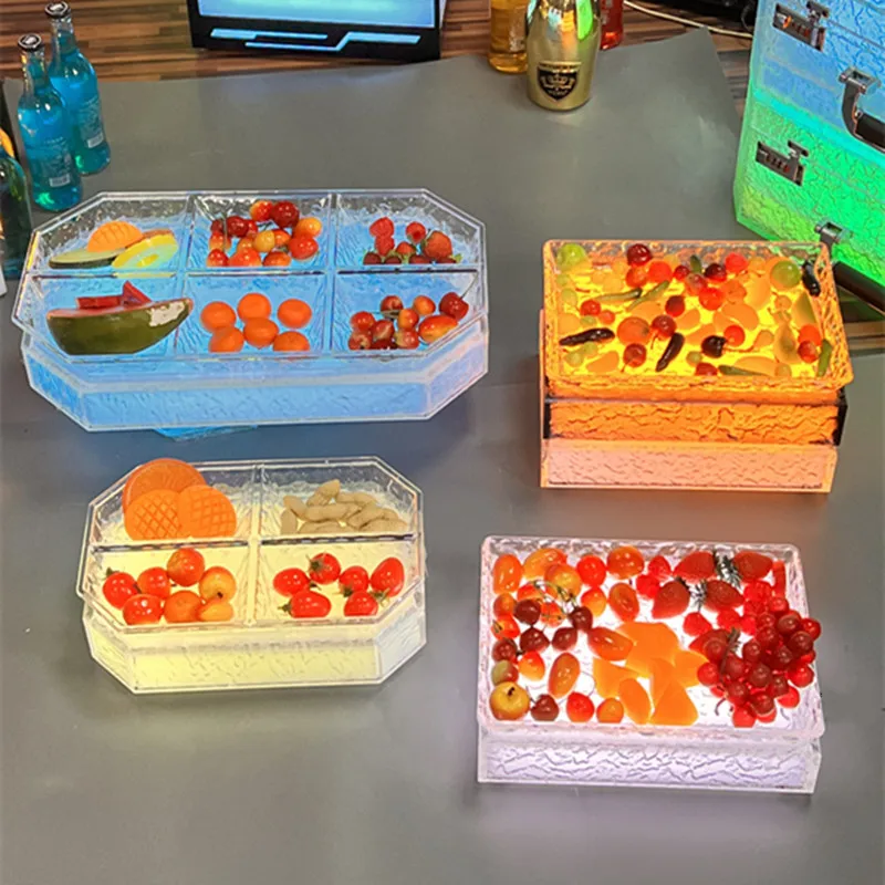Fruit plate bar KTV charging luminous four or six grid candy retail pointed fruit basin creative ice pattern grid snack plate
Fruit plate bar KTV charging luminous four or six grid candy retail pointed fruit basin creative ice pattern grid snack plate