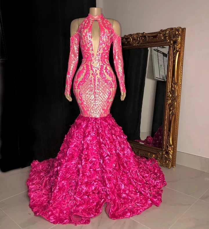 Fuchsia Long Sleeves Long Black Girls Prom Dresses Mermaid Style Lace Floral Prom Gowns Party Customized
Fuchsia Long Sleeves Long Black Girls Prom Dresses Mermaid Style Lace Floral Prom Gowns Party Customized