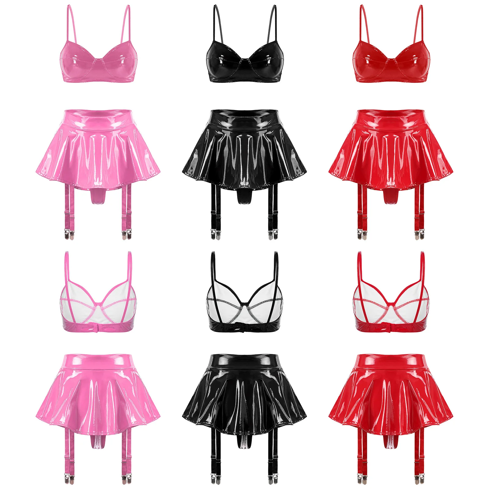 Women Wet Look Leather Wire-free No Pad Bra Top And Built-in Thongs Ruffled Miniskirt with Garter Clips for Nightclub Rave Party
Women Wet Look Leather Wire-free No Pad Bra Top And Built-in Thongs Ruffled Miniskirt with Garter Clips for Nightclub Rave Party