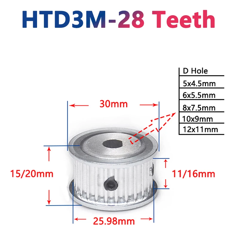 1pc 28 Teeth HTD3M Timing Pulley D Hole 28T Synchronous Wheel 5x4.5/6x5.5/8x7.5/10x9/12x11mm D-hole Transmission Pulley AF Type
1pc 28 Teeth HTD3M Timing Pulley D Hole 28T Synchronous Wheel 5x4.5/6x5.5/8x7.5/10x9/12x11mm D-hole Transmission Pulley AF Type