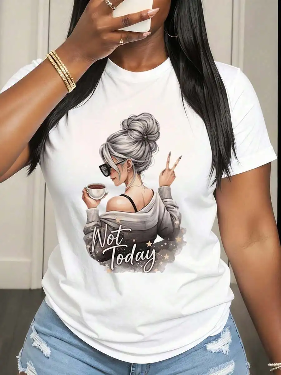 Womens Plus Size Casual Graphic Tee With Gray Hair Woman Holding Coffee And Not Today Text
Womens Plus Size Casual Graphic Tee With Gray Hair Woman Holding Coffee And Not Today Text