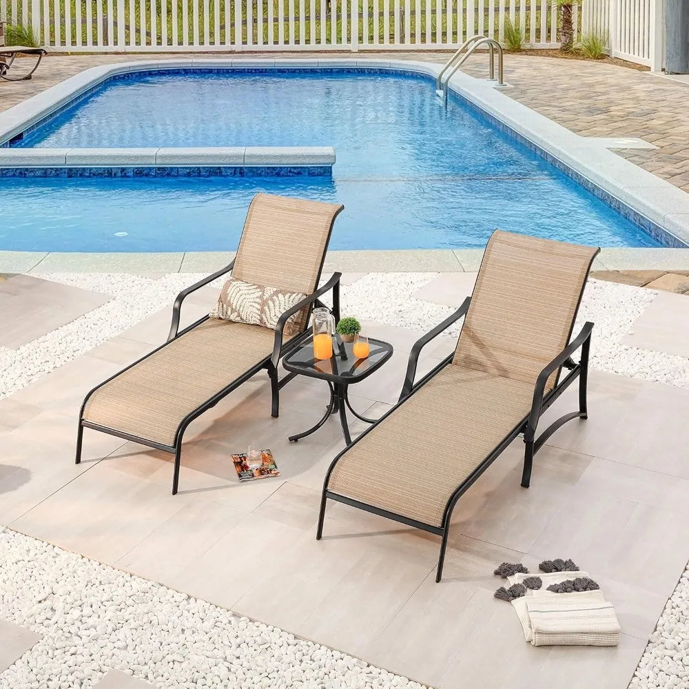 Outdoor Patio Adjustable Metal Chaise Lounge Chair Recliner Set of 2 with 1 Glass Top Bistro Table, Beige
Outdoor Patio Adjustable Metal Chaise Lounge Chair Recliner Set of 2 with 1 Glass Top Bistro Table, Beige