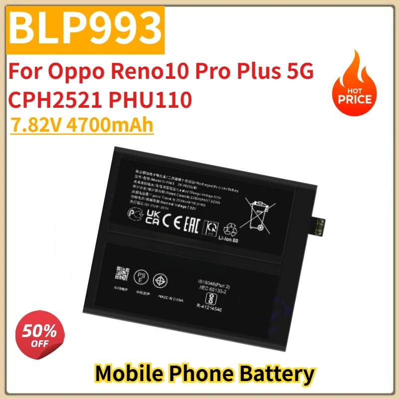 High Quality BLP993 Mobile Phone Battery 7.82V 4700mAh For Oppo Reno10 Pro Plus 5G CPH2521 PHU110 Brand New Replacement Battery
High Quality BLP993 Mobile Phone Battery 7.82V 4700mAh For Oppo Reno10 Pro Plus 5G CPH2521 PHU110 Brand New Replacement Battery