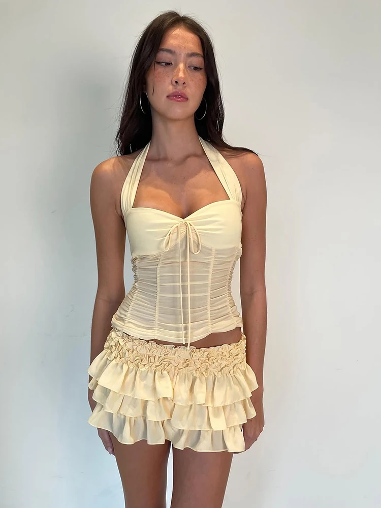 Комплект из 2 предметов Kliou Mesh Patchwork: женский топ-халтер с низким вырезом, сборками и открытой спиной + многоярусная мини-юбка в стиле Y2K, элегантный костюм
Комплект из 2 предметов Kliou Mesh Patchwork: женский топ-халтер с низким вырезом, сборками и открытой спиной + многоярусная мини-юбка в стиле Y2K, элегантный костюм