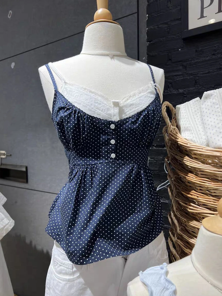 Polka Dot Navy Tank Top Woman Summer Lace Trim Three Buttons Back Lace-up Slim Camisole Female Sweet Cute Cotton Camis Y2k Tops 
Polka Dot Navy Tank Top Woman Summer Lace Trim Three Buttons Back Lace-up Slim Camisole Female Sweet Cute Cotton Camis Y2k Tops