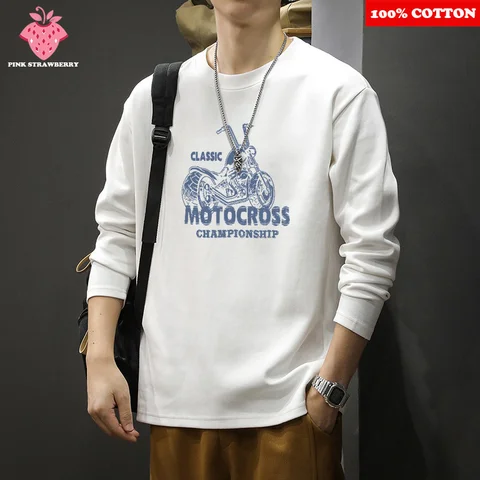 Street Motorcycle Print T-shirt Men's Autumn 2025 New 100% Cotton High quality White Long sleeves T-shirt Y2k Top Men clothing