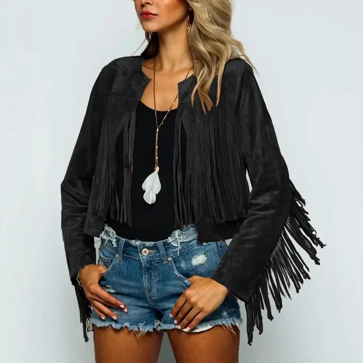 Retro Tassel Round Neck Casual Fashion Jacket Fake Suede Open Cardigan Outerwear for Women Stylish Outerwear
Retro Tassel Round Neck Casual Fashion Jacket Fake Suede Open Cardigan Outerwear for Women Stylish Outerwear