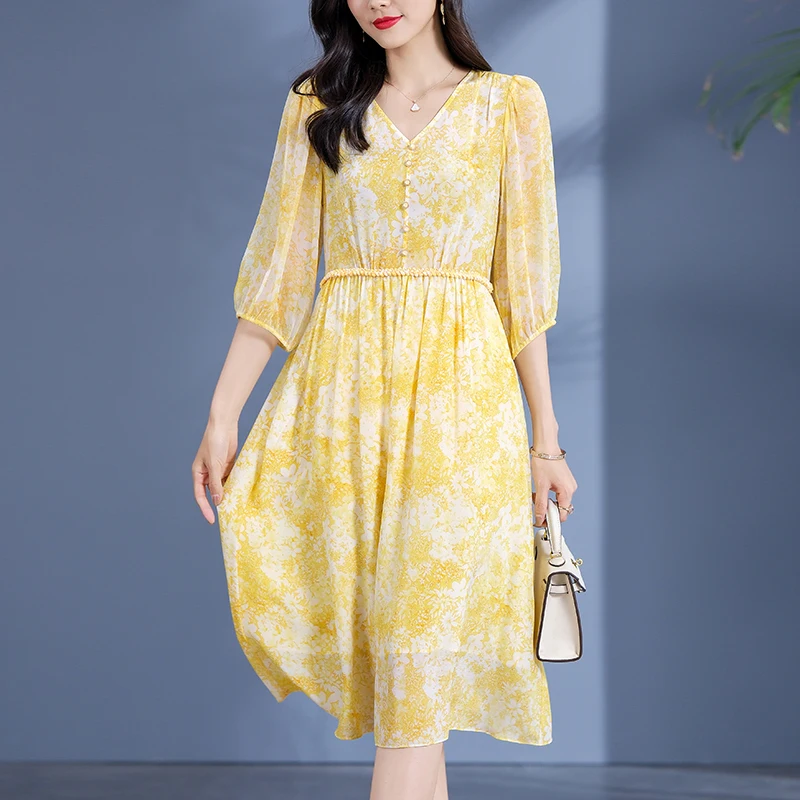 Vintage Dresses For Women 2024 Summer Elegant V-neck Three Quarter Sleeve Print Dress A-line 100% Real Silk Women's Long Dress
Vintage Dresses For Women 2024 Summer Elegant V-neck Three Quarter Sleeve Print Dress A-line 100% Real Silk Women's Long Dress