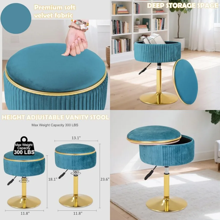 Adjustable Vanity Stool with Storage, 360° Swivel Makeup Stool Chair Small Velvet Round Ottoman with Gold Base for Bedroom
Adjustable Vanity Stool with Storage, 360° Swivel Makeup Stool Chair Small Velvet Round Ottoman with Gold Base for Bedroom