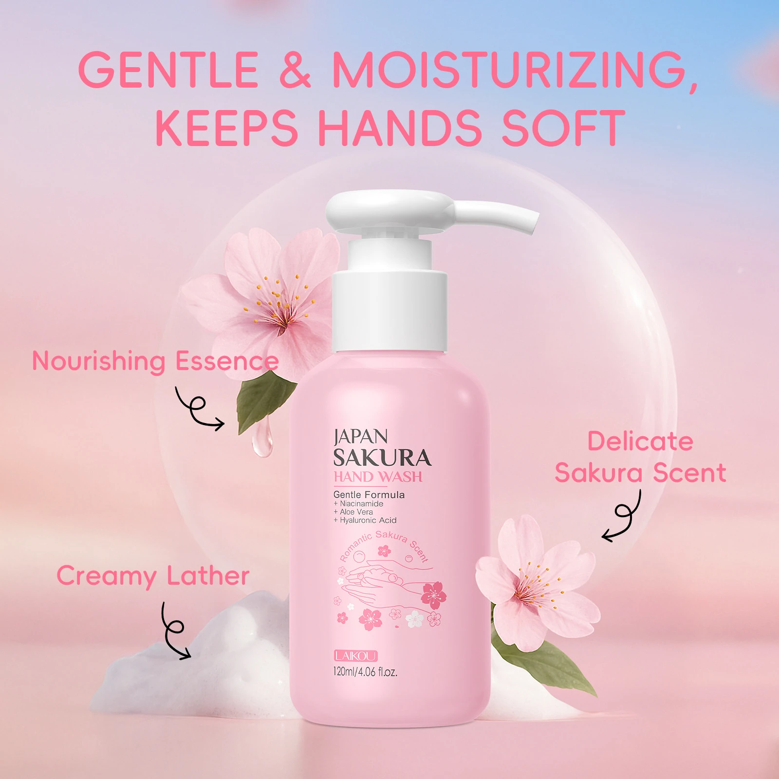 LAIKOU Cherry Blossom Bubble Hand Wash, Moisturizing Foaming Soap for Dry Hands, Softening Skin Care 120ml Family Use Easy Rinse
LAIKOU Cherry Blossom Bubble Hand Wash, Moisturizing Foaming Soap for Dry Hands, Softening Skin Care 120ml Family Use Easy Rinse