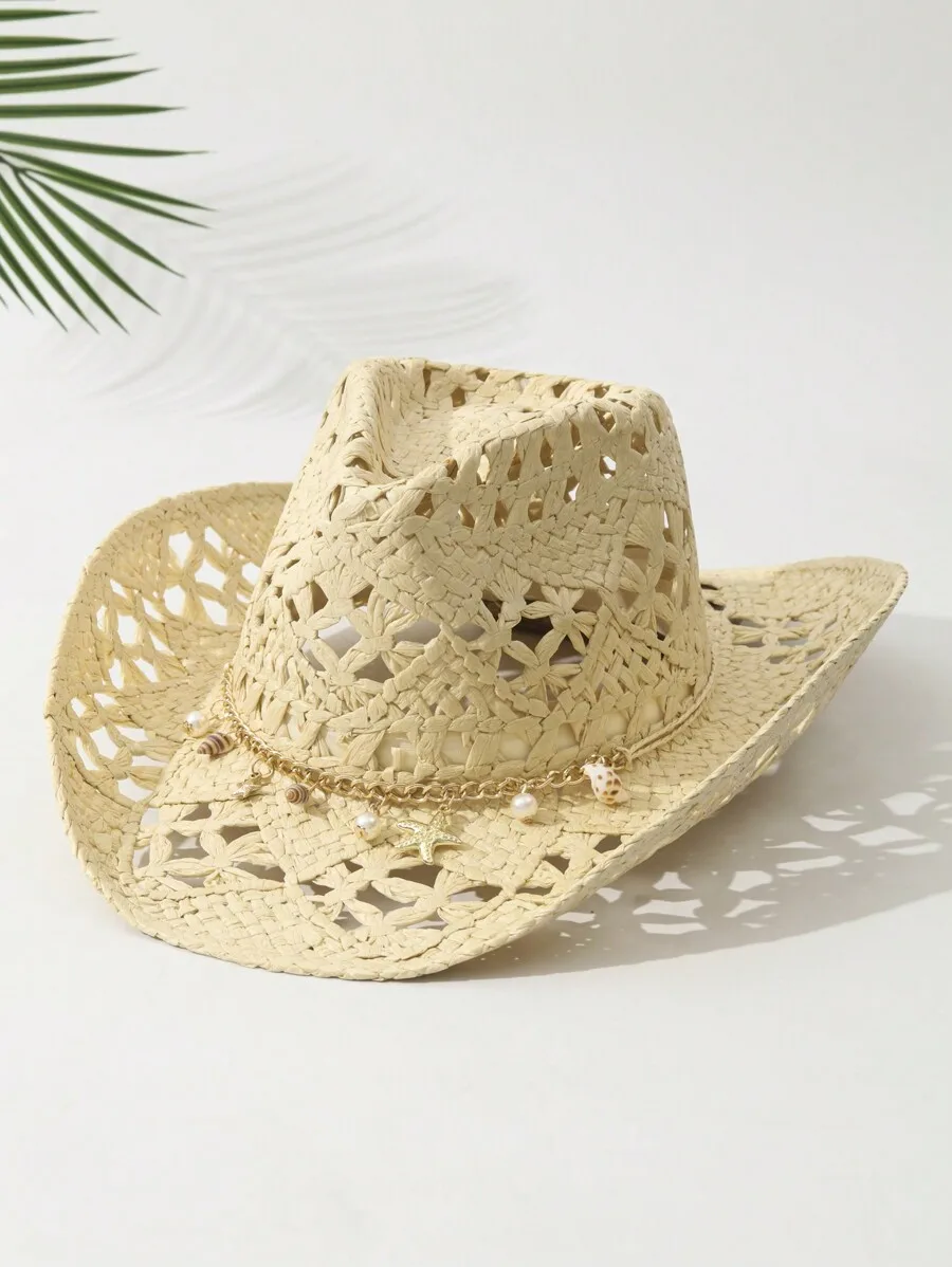 1Pc Unisex Straw Cowboy Hat, Hollow Print with Conch Decor, Summer Sun Hat for Beach & Travel
1Pc Unisex Straw Cowboy Hat, Hollow Print with Conch Decor, Summer Sun Hat for Beach & Travel