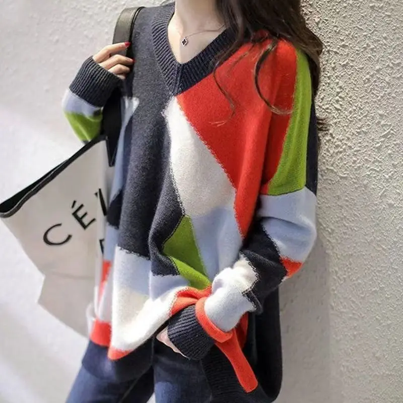 Women Clothing Office Lady Patchwork Multicolor Knitting V-neck Long Sleeve Pullovers Winter Simplicity Irregular Oversized Tops
Women Clothing Office Lady Patchwork Multicolor Knitting V-neck Long Sleeve Pullovers Winter Simplicity Irregular Oversized Tops