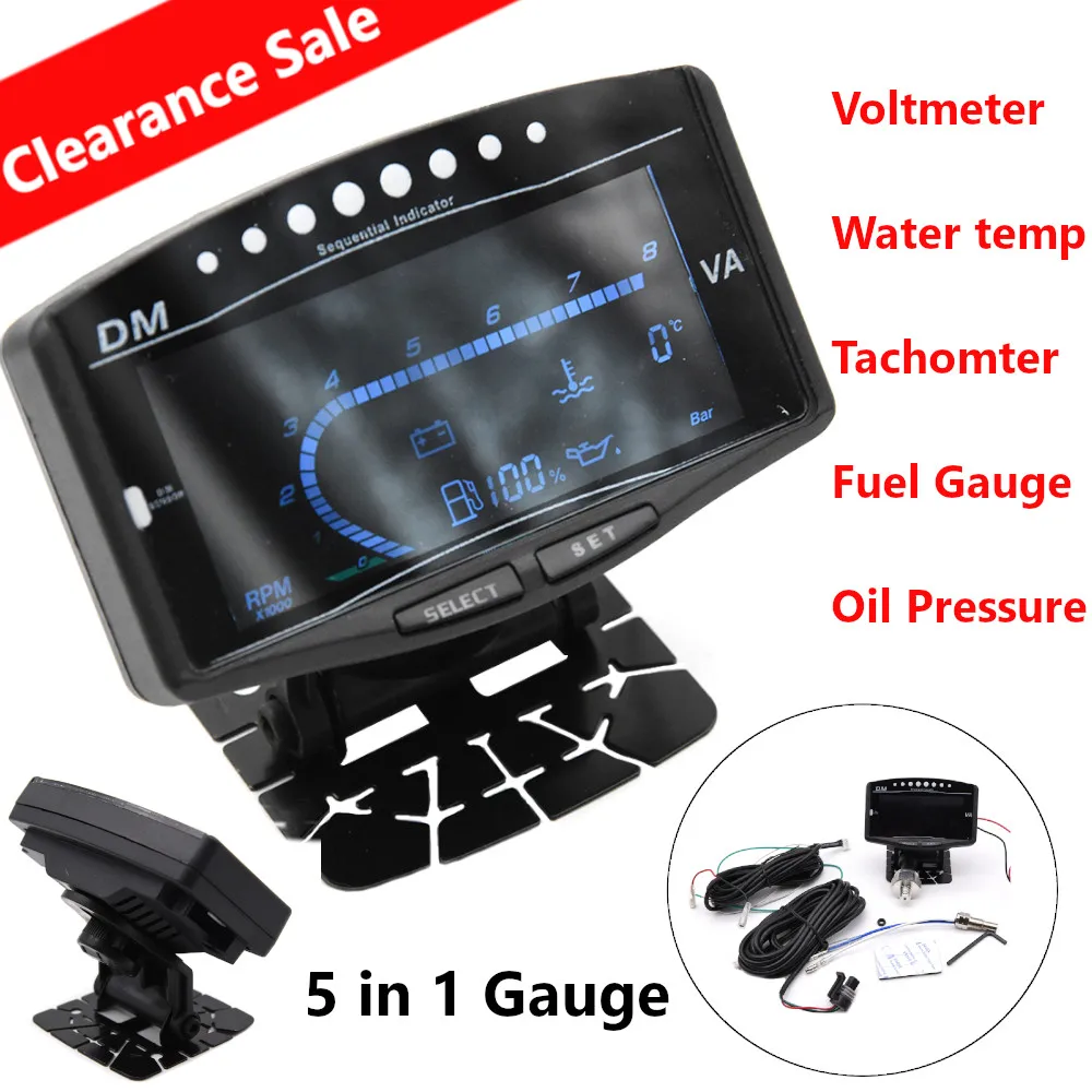Instrument Panel 5 In 1 12V Car LCD Oil Pressure +Tachometer +Voltmeter + Fuel +Water Temp Gauge With Sensor Digital ALARM Gauge
Instrument Panel 5 In 1 12V Car LCD Oil Pressure +Tachometer +Voltmeter + Fuel +Water Temp Gauge With Sensor Digital ALARM Gauge
