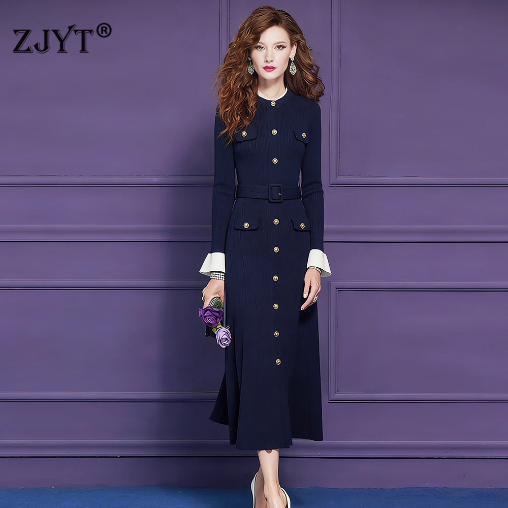 ZJYT Spring Autumn Women's Long Knit Sweater Dresses Elegant Flare Sleeve Blue Casual Party Dress Female Vestidos Clothes 2026
ZJYT Spring Autumn Women's Long Knit Sweater Dresses Elegant Flare Sleeve Blue Casual Party Dress Female Vestidos Clothes 2026