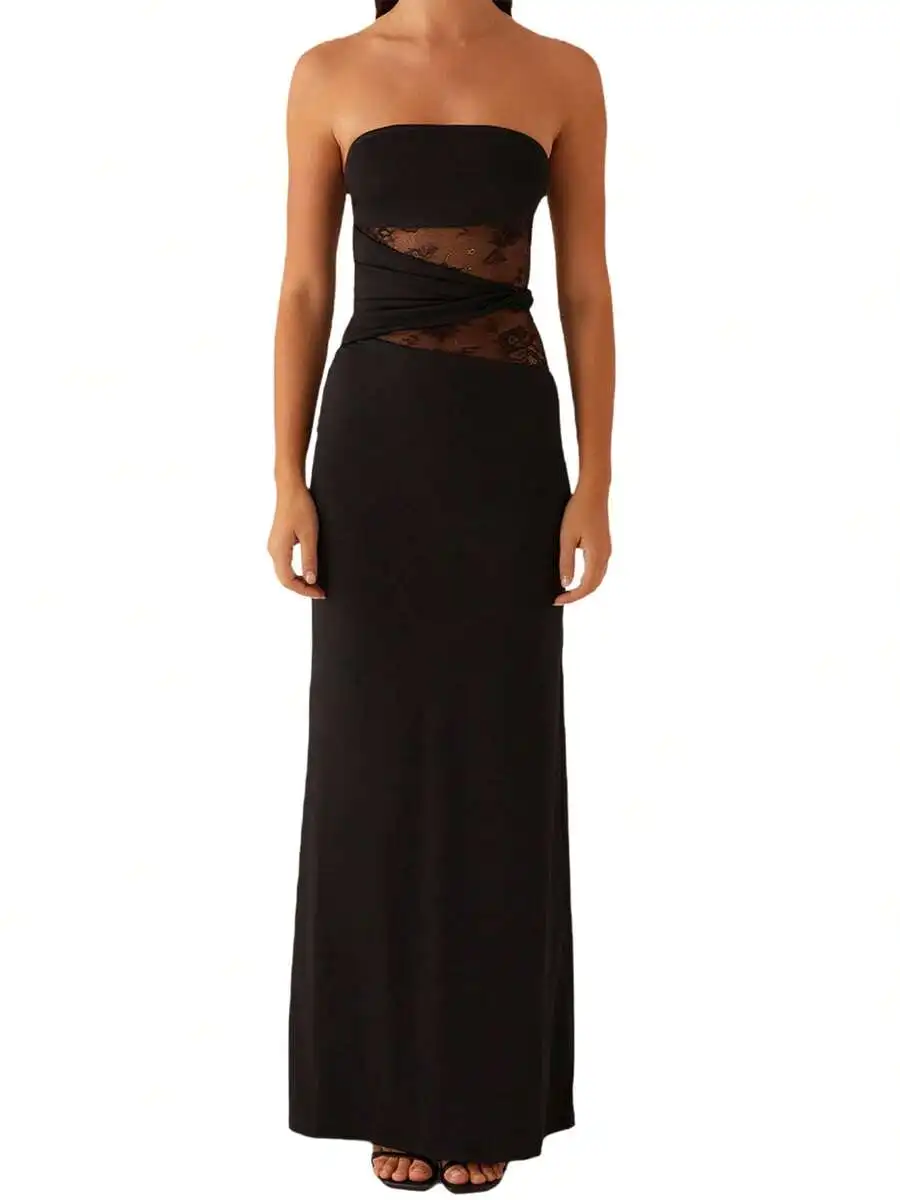 Black Strapless Maxi Dress With Sheer Lace Panel And Twist Detail At Waist
Black Strapless Maxi Dress With Sheer Lace Panel And Twist Detail At Waist