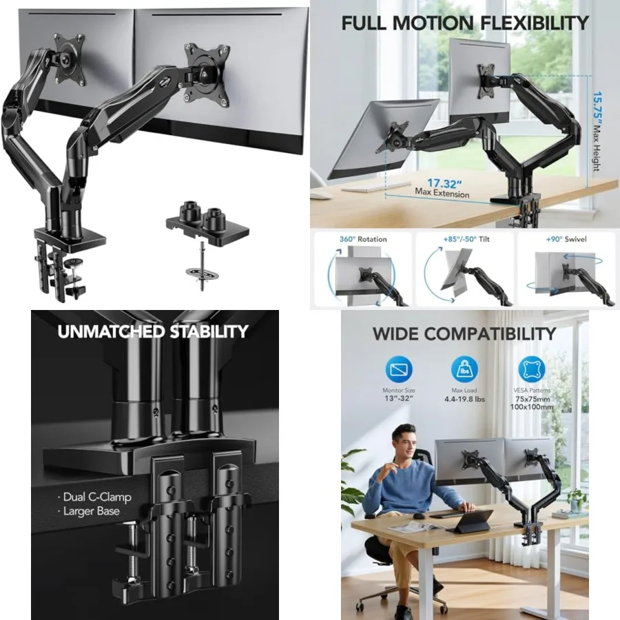 Dual Monitor Stand, Fully Adjustable Gaming Monitor Desk Mount for 13–32″ Computer Screens, Full Motion VESA 75x75/100x100 with C-Clamp & Grommet Base, Each Arm Holds 4.4 to 19.8 lbs
Dual Monitor Stand, Fully Adjustable Gaming Monitor Desk Mount for 13–32″ Computer Screens, Full Motion VESA 75x75/100x100 with C-Clamp & Grommet Base, Each Arm Holds 4.4 to 19.8 lbs