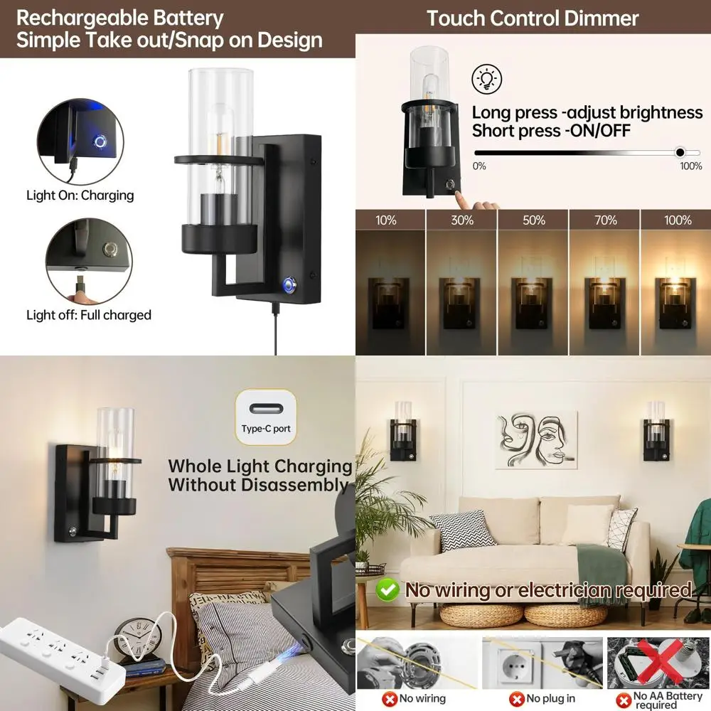 Pair of Rechargeable Dimmable Wall Sconces with USB-C, 8000mAh Battery for 60-Hour Illumination, Clear Glass Shade, Black Finish
Pair of Rechargeable Dimmable Wall Sconces with USB-C, 8000mAh Battery for 60-Hour Illumination, Clear Glass Shade, Black Finish