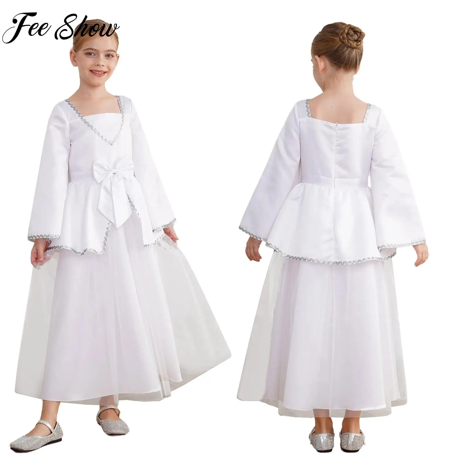 Girls Christmas Angel Cosplay Costume Dress Square Neck Pearls Bow Princess Party Fancy Elegant Dress Stage Performance Costume 
Girls Christmas Angel Cosplay Costume Dress Square Neck Pearls Bow Princess Party Fancy Elegant Dress Stage Performance Costume