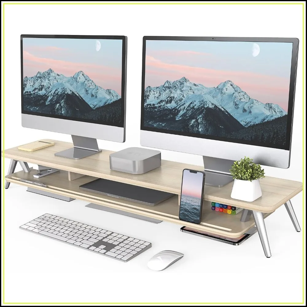 42.5" Dual Monitor Stand Riser, Wood Desk Shelf with Storage & Cable Management
42.5" Dual Monitor Stand Riser, Wood Desk Shelf with Storage & Cable Management