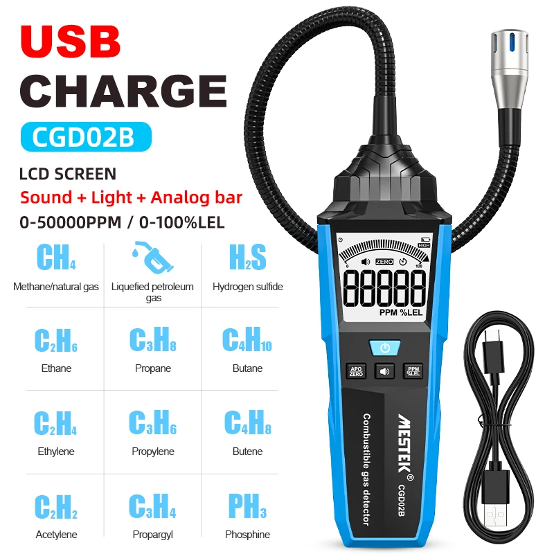 Gas Leak Detector Combustible Gas Detector Sound Light Alarm 0-50000PPM LEL% Gas Analyzer with Flex Probe
Gas Leak Detector Combustible Gas Detector Sound Light Alarm 0-50000PPM LEL% Gas Analyzer with Flex Probe