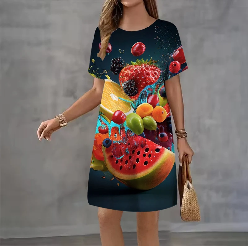 Summer women's short sleeve dress Sweet fruit pattern Print Mini dress
Summer women's short sleeve dress Sweet fruit pattern Print Mini dress