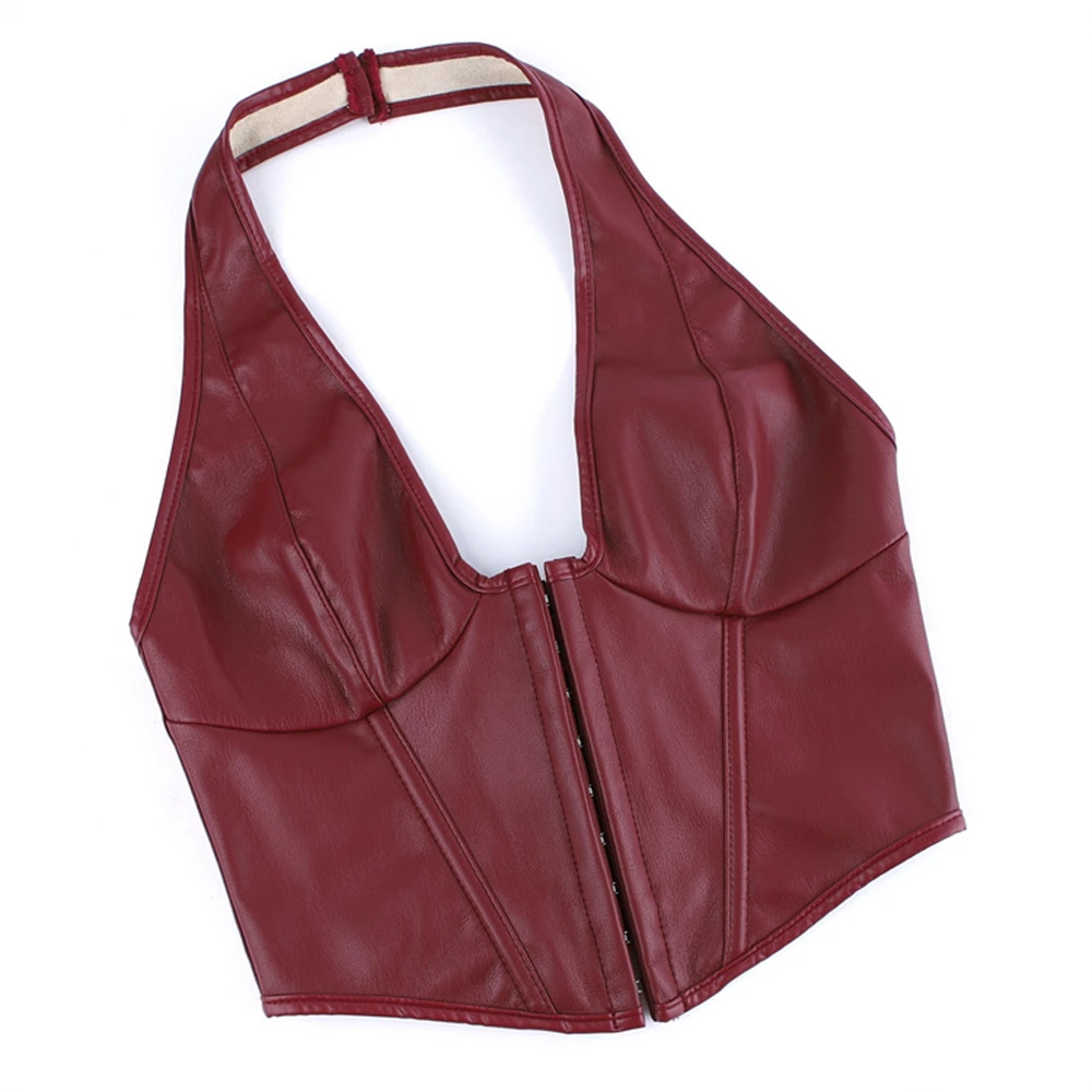 Women Wine Red PU Leather Overbust Corset Crop Tops Sexy Hot Girl Front Hook Buckle Halter Vest Slimming Shaper Bodice Cami
Women Wine Red PU Leather Overbust Corset Crop Tops Sexy Hot Girl Front Hook Buckle Halter Vest Slimming Shaper Bodice Cami